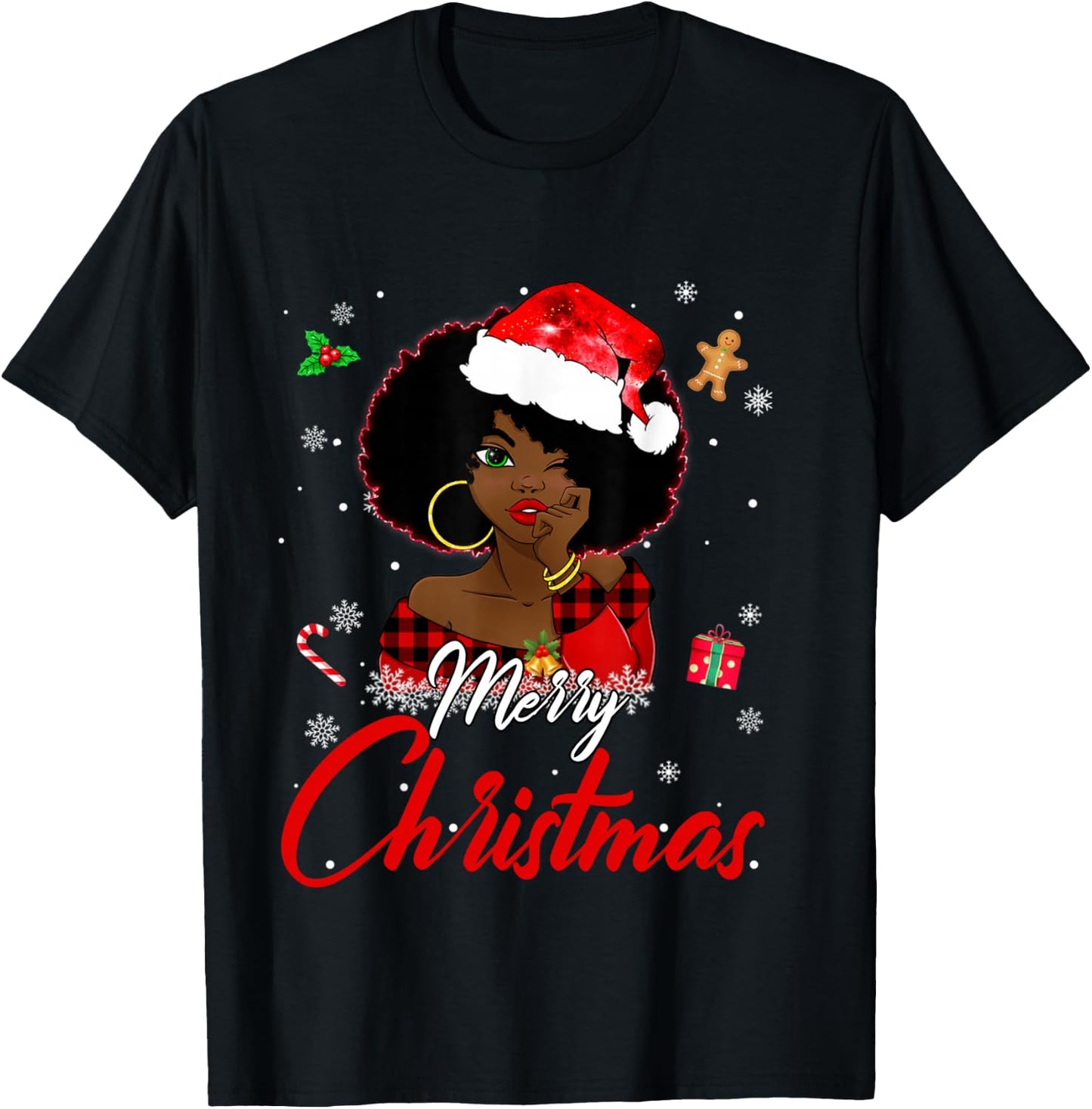 Black African Girl American Melanin Christmas Santa Hat Xmas T-Shirt - T-Shirt | Black
