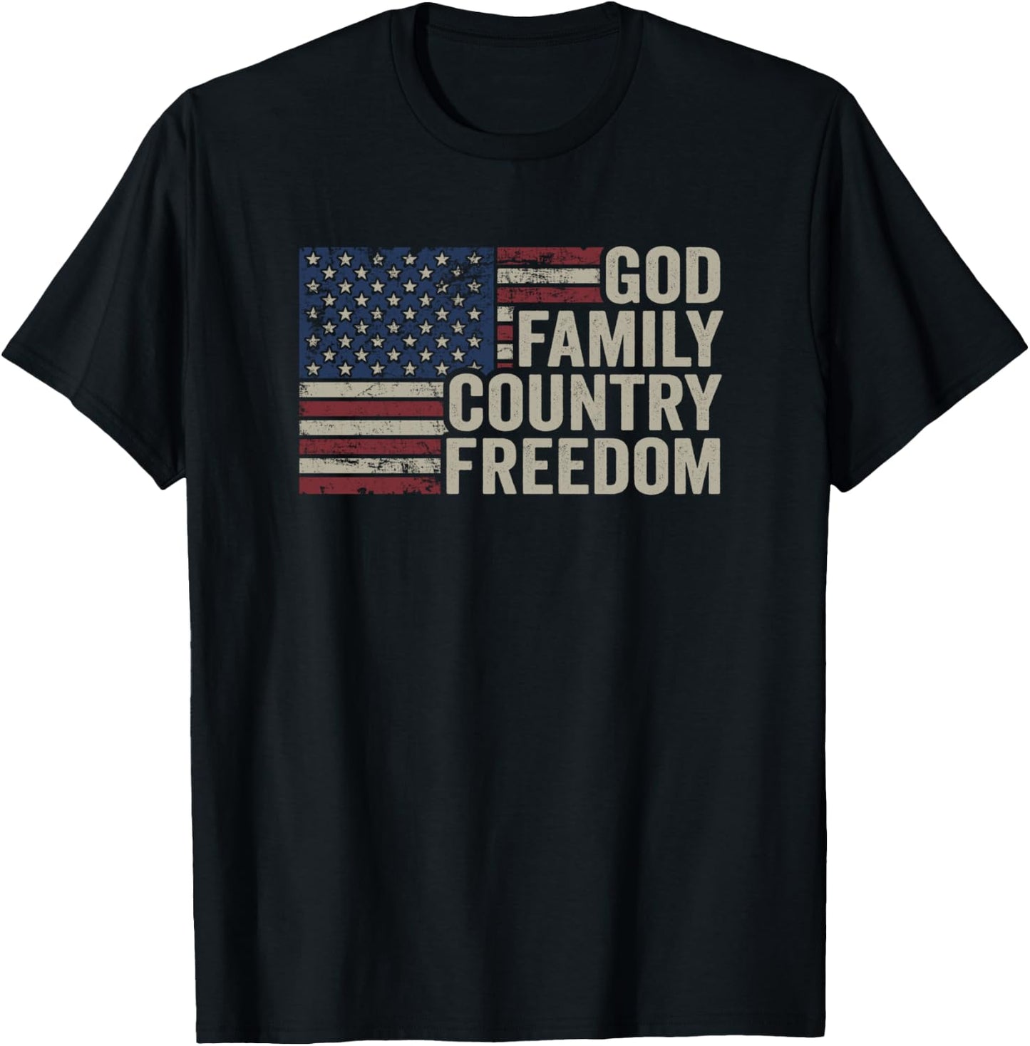 God Family Country Freedom - 4th July USA Flag Christian T-Shirt - T-Shirt | Black