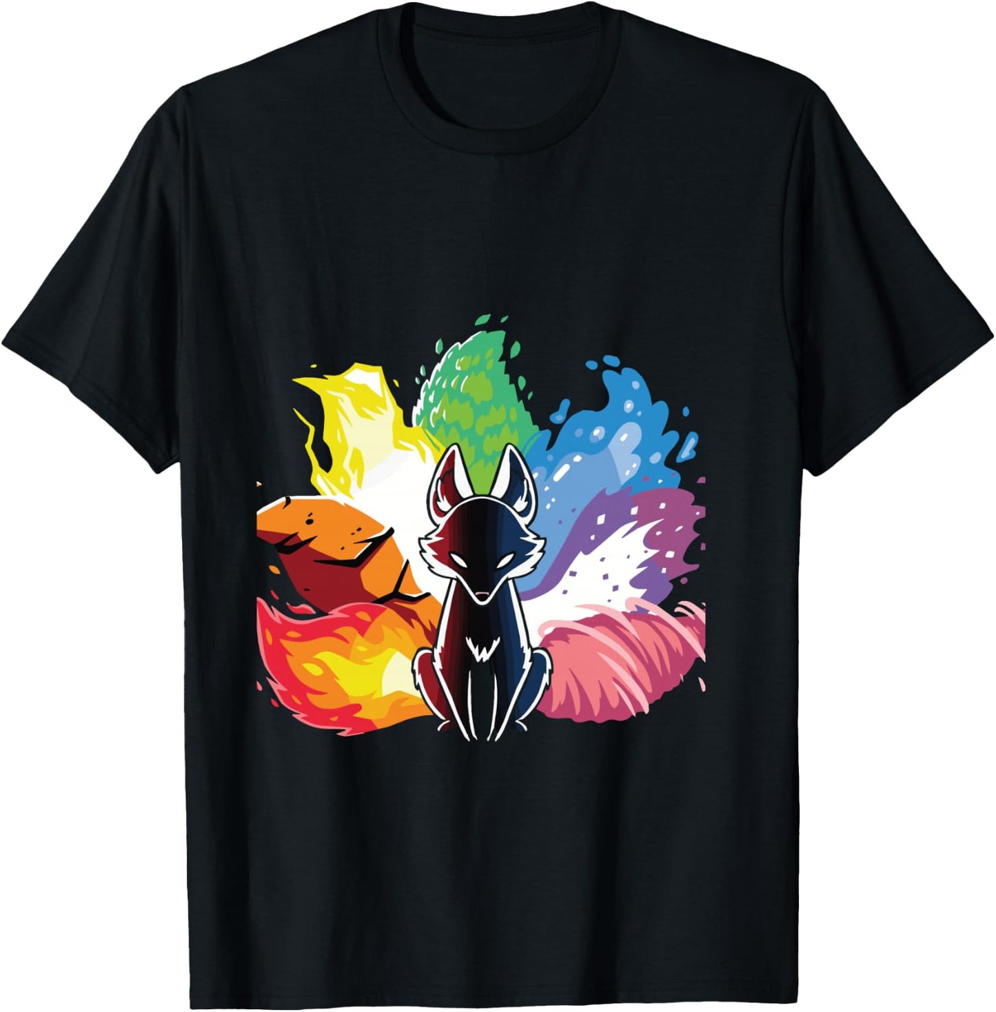 Kitsune Nine Tail Rainbow Fox T-Shirt - T-Shirt | Black