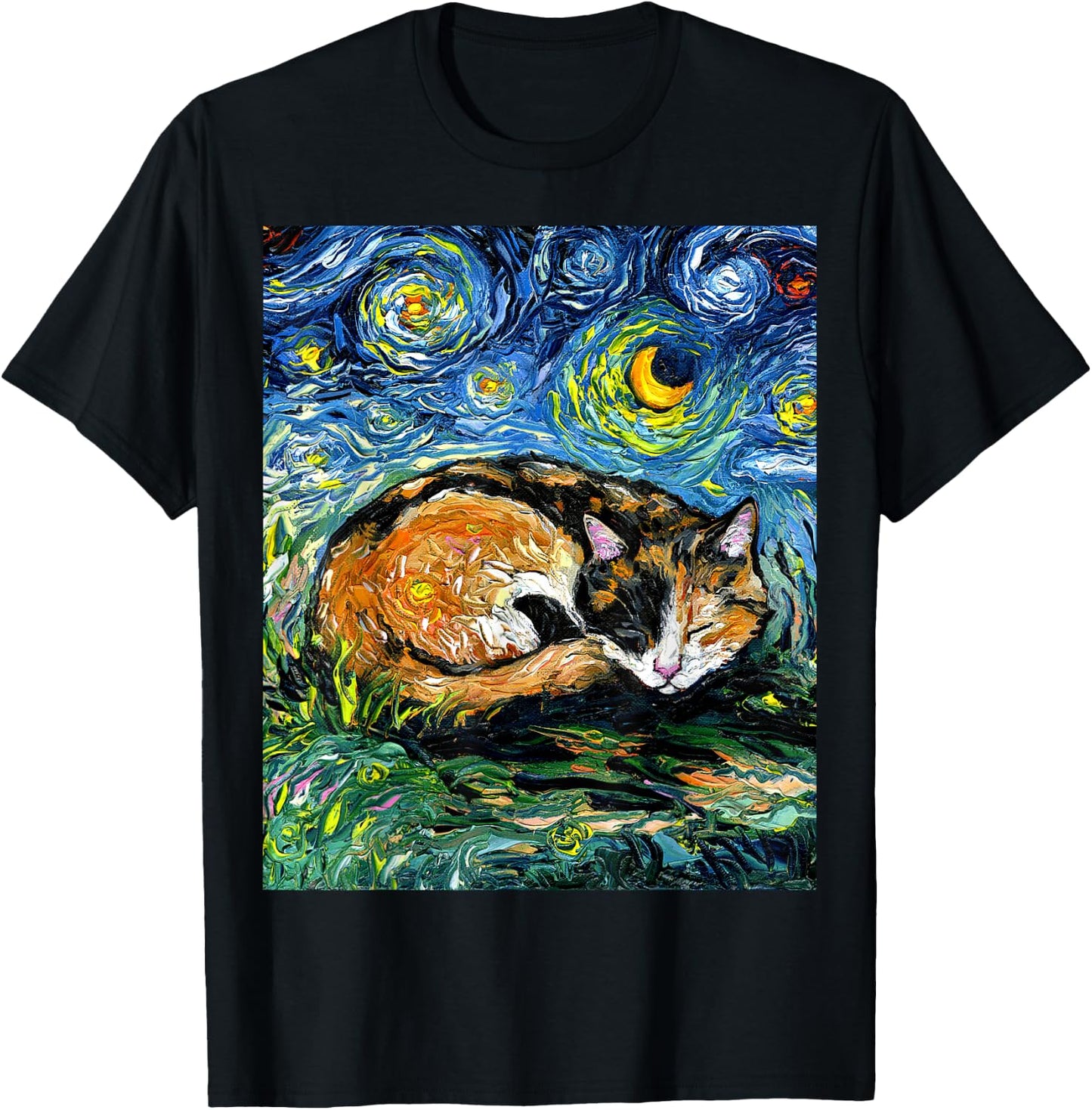 Sleeping Calico Cat Starry Night Animal Lover Pet Artwork T-Shirt - T-Shirt | Black