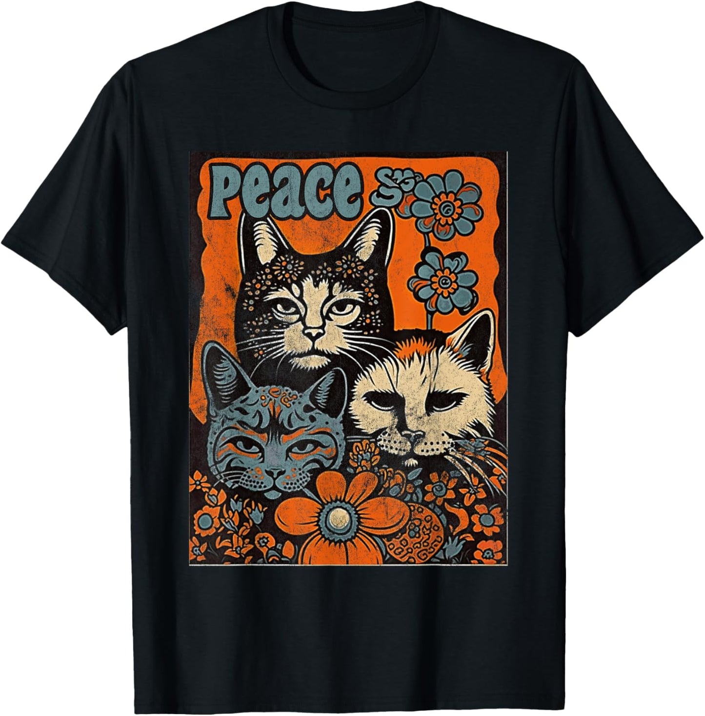 Cat Funny 60s 70s Hippie Vintage Flowers Groovy Psychedelic Men Women T-Shirt - T-Shirt | Black