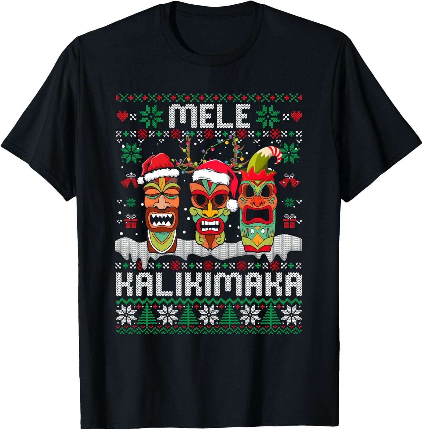 Ugly Christmas Sweater Mele Kalikimaka Hawaiian Xmas Pajamas T-Shirt - T-Shirt | Black