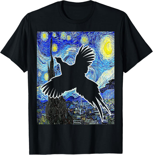 Pheasant Starry Night Pheasant Hunting Painting T-Shirt - T-Shirt | Black