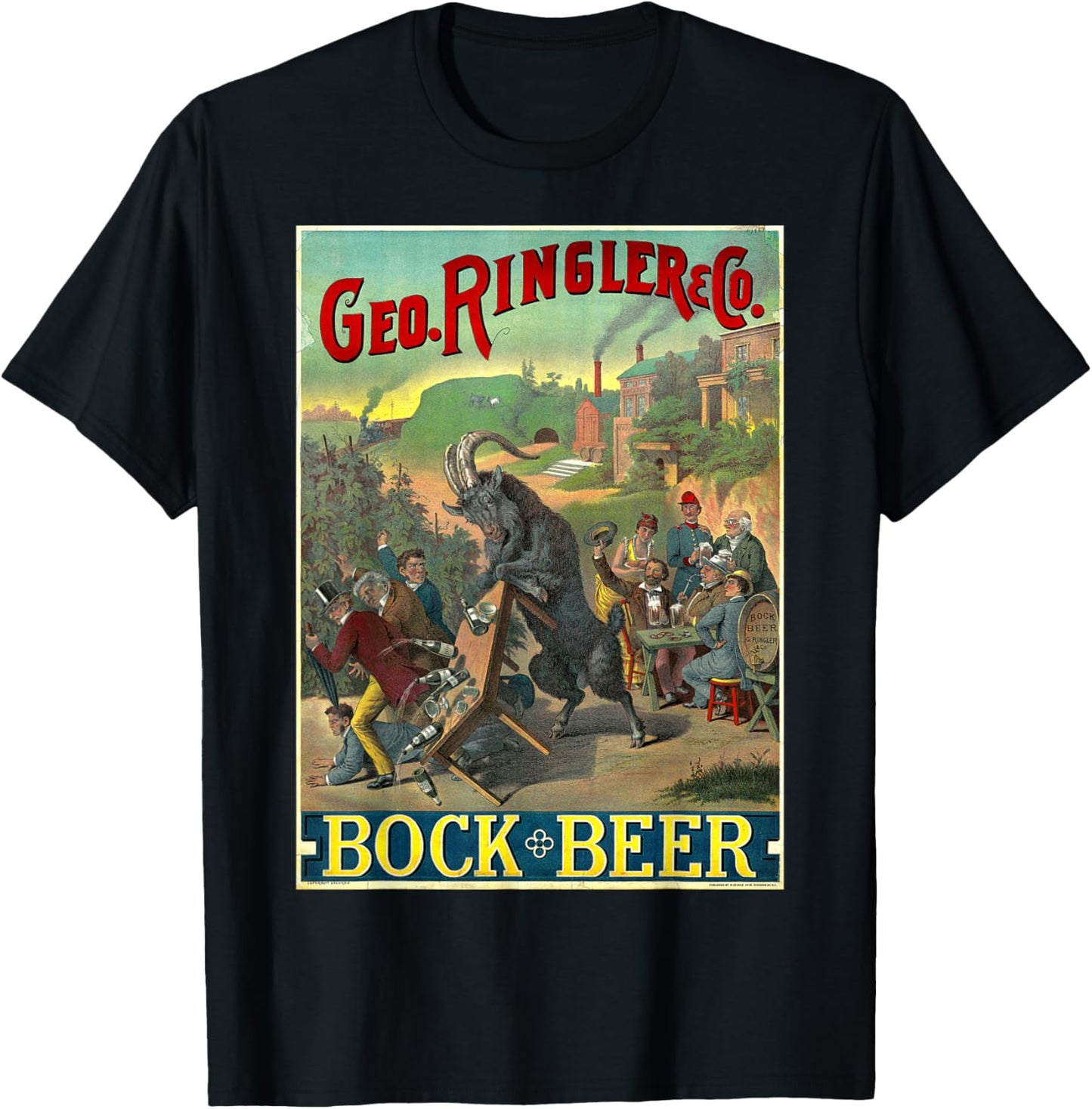 Black Goat Bock Beer Knocking Over Table of Wine T-Shirt - T-Shirt | Black