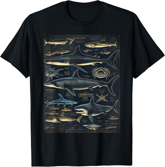 Types of Sharks Vintage Chart Entomology Graphic T-Shirt - T-Shirt | Black