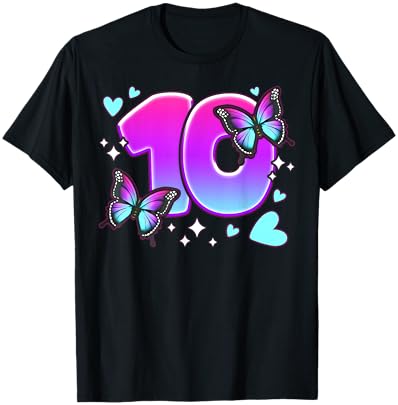 Birthday Girl 10 Years, Butterflies and Number 10 T-Shirt - T-Shirt | Black