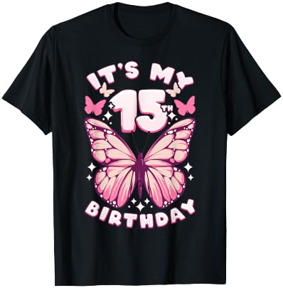 15th Birthday Girl 15 Years Old Butterflies and Number T-Shirt - T-Shirt | Black
