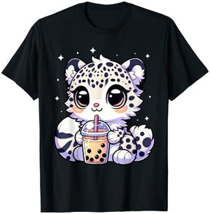 Kawaii Anime Snow Leopard Boba Bubble Tea Lover T-Shirt - T-Shirt | Black