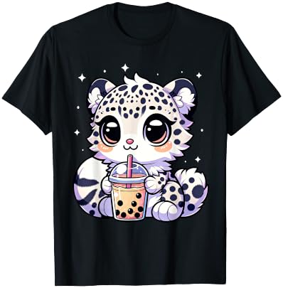 Kawaii Anime Snow Leopard Boba Bubble Tea Lover T-Shirt - T-Shirt | Black