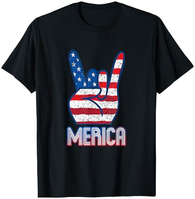 Merica Rock Sign 4th of July Vintage American Flag Retro USA Women Kids Men T-Shirt - T-Shirt | Black