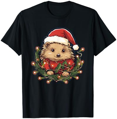 Cute Hedgehog Christmas Lights Santa Hat Xmas Pajama T-Shirt - T-Shirt | Black