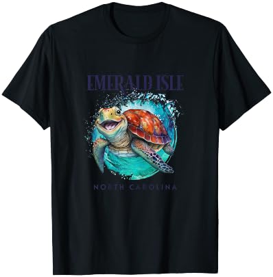 Emerald Isle North Carolina Watercolor Happy Sea Turtle T-Shirt - T-Shirt | Black